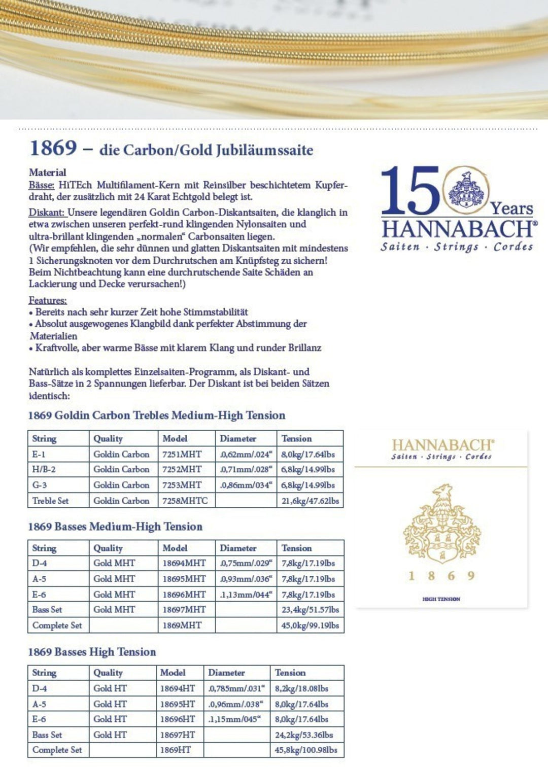 Cordes pour guitare classique Hannabach Serie 1869 Carbon/Gold MHT - Set MHT (1869MHT)