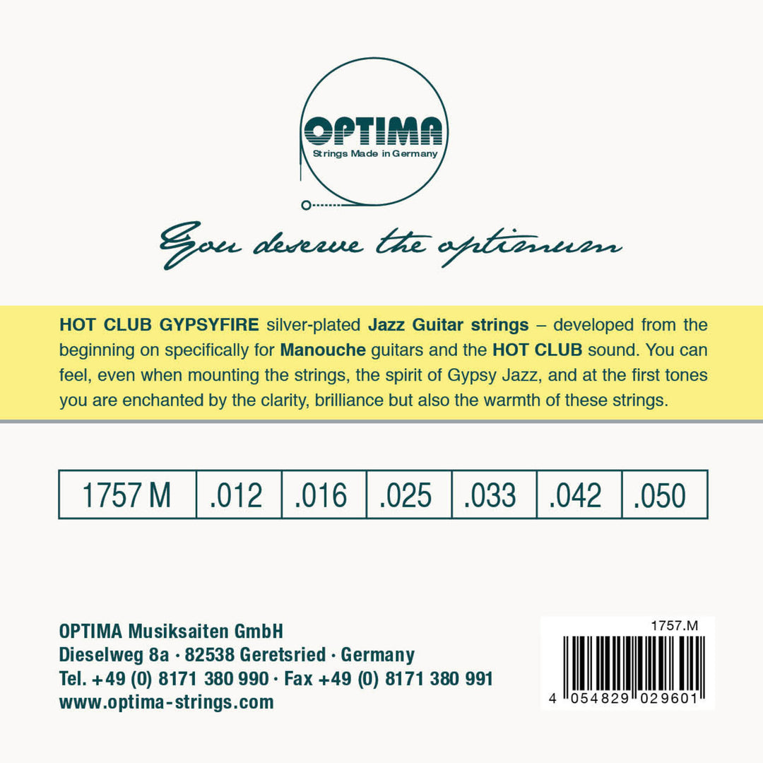 Cordes Optima pour Guitares acoustique Hot Club Gypsyfire plaquées argent - Jeu avec extrémité à boucle (1757M)