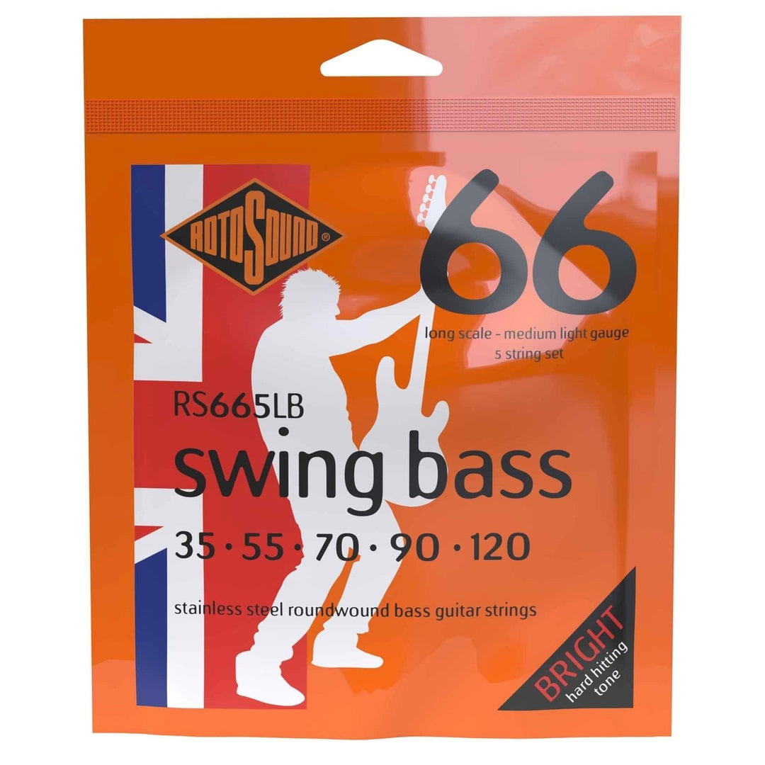 Cordes de guitares pour basse électrique Rotosound Swing Bass 66 - Jeu 5 cordes en acier inoxydable Medium-Light 35-120 (RS665LB)