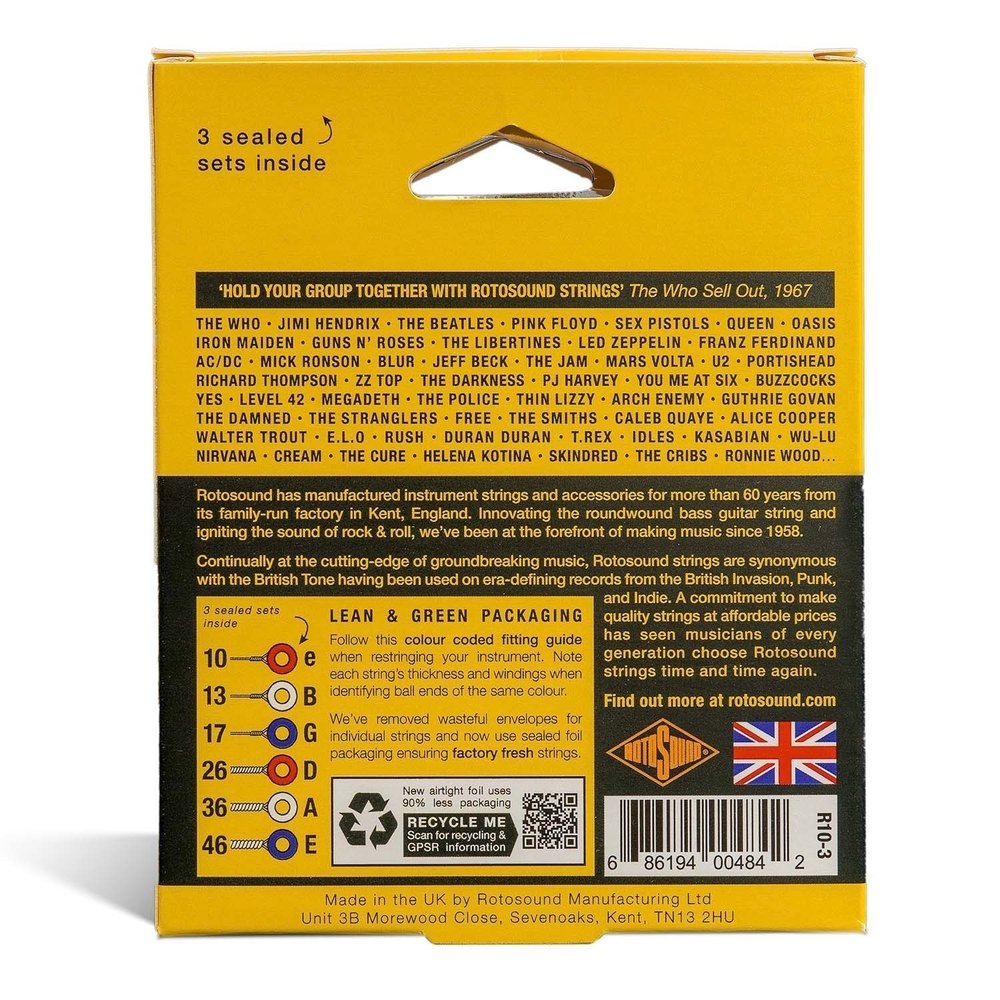 Rotosound Roto Yellows R10-3 elguitarstrenge 10-46, 3 sæt