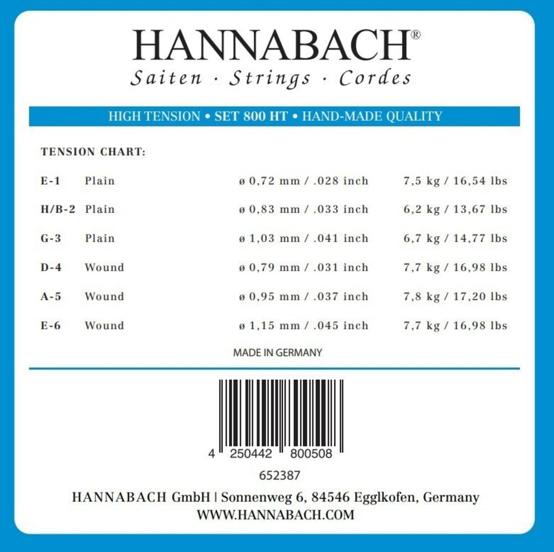 Cordes Hannabach pour guitare classique Serie 800 High tension Silver plated - Set aiguës (800HT)