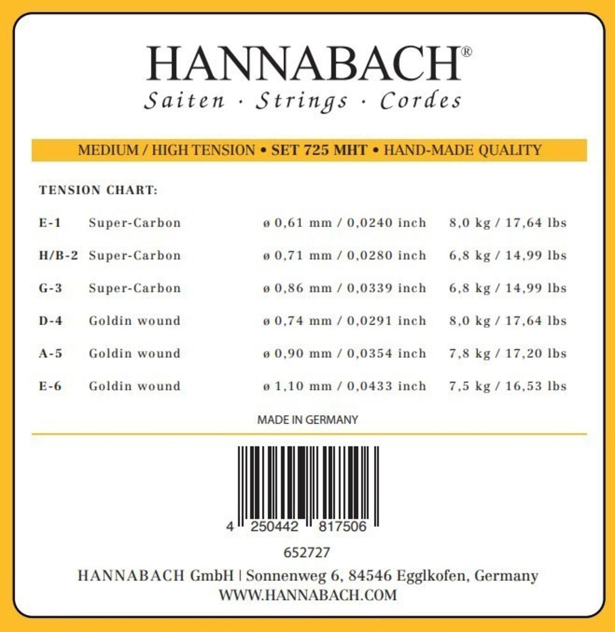 Hannabach Strings for classic guitar Series 725 Medium/High Tension Goldin - Set of 3 bass (7257MHT)