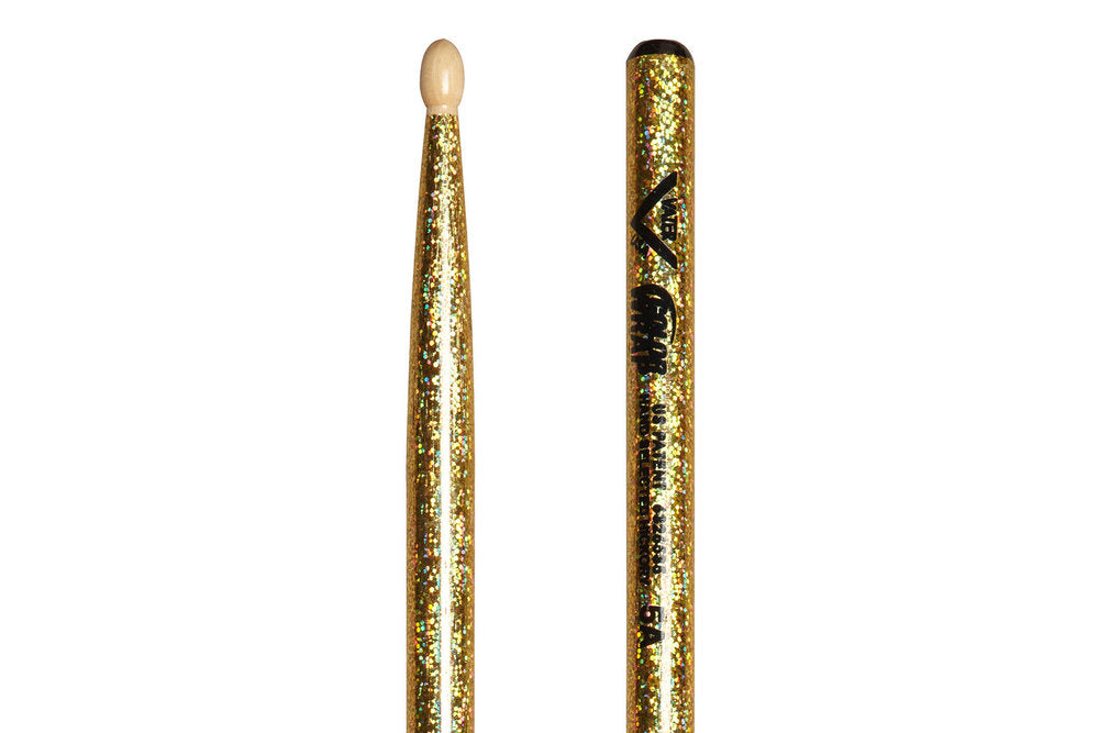 Vater Color Wrap 5A Gold Sparkle baguettes de tambours, hickory, embout en bois