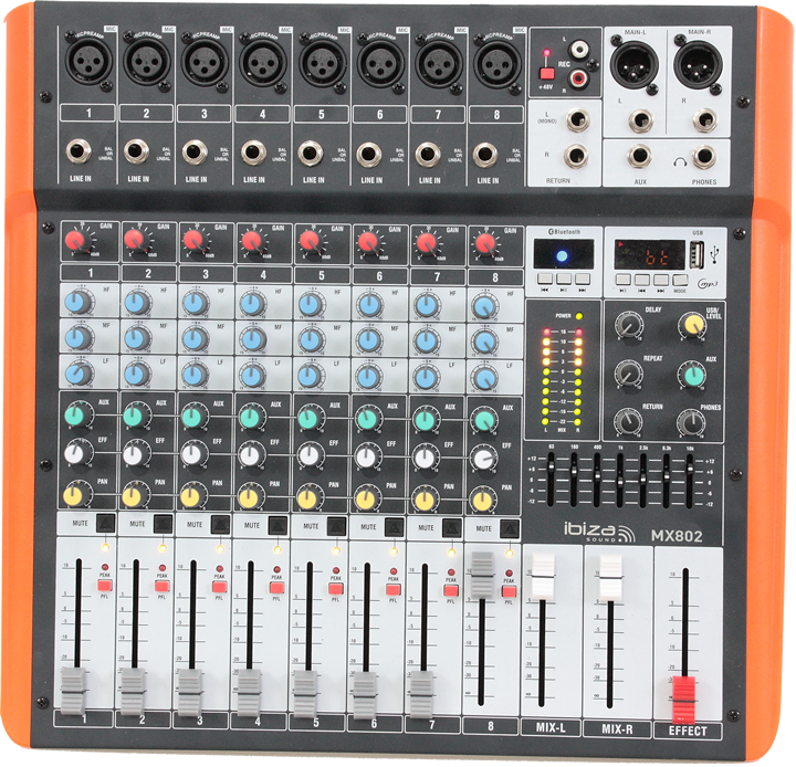 Ibiza 8-channel Mixer w. USB and Bluetooth