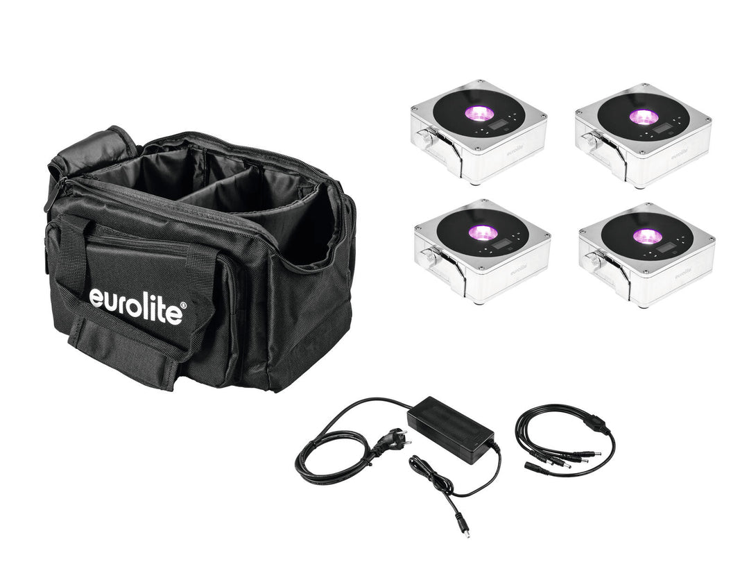 EUROLITE Set 4x AKKU IP Flat Light 1 chromé + Sac souple + Chargeur
