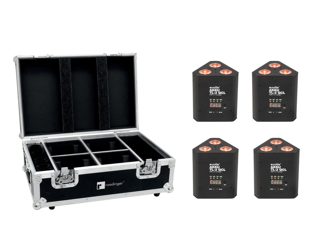 EUROLITE Set 4x AKKU TL-3 QCL RGB+UV Trusslight + Case avec fonction de charge