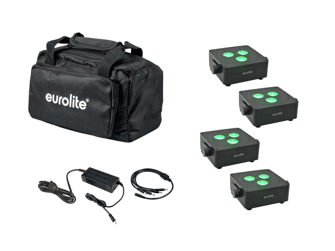 EUROLITE Set 4x AKKU IP Flat Light 3 bk + Chargeur + Soft Bag