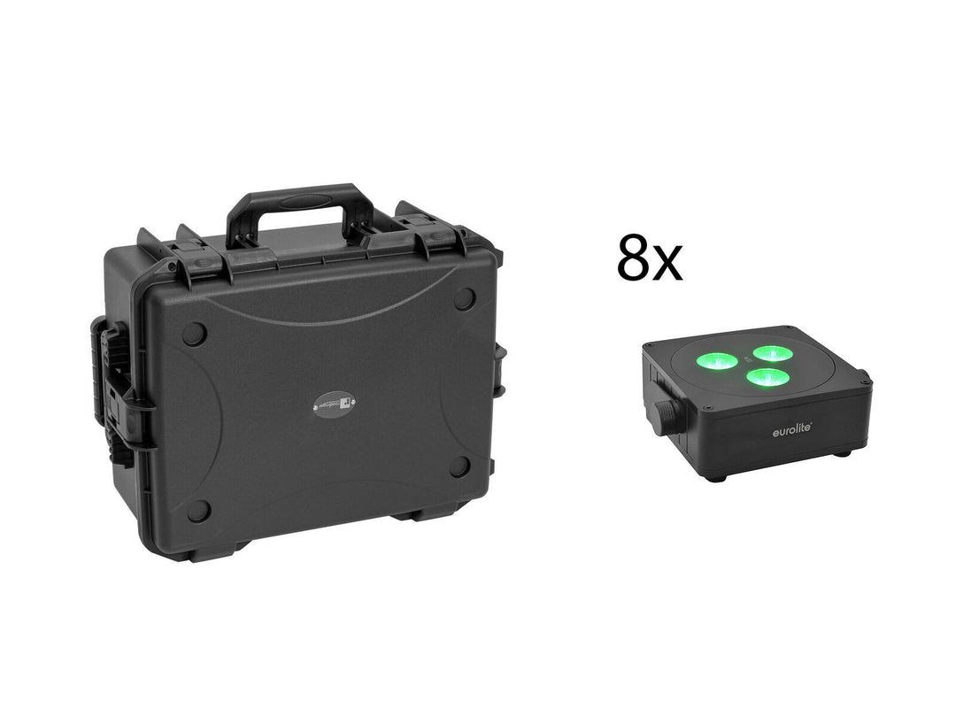 EUROLITE Set 8x AKKU IP Flat Light 3 bk + Étui en plastique avec trolley