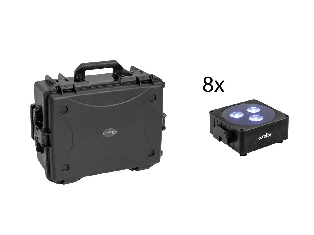 EUROLITE set 8x AKKU Flat Light 3 bk + case en plastique avec chariot