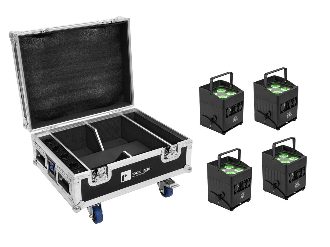 EUROLITE Set 4x AKKU IP UP-4 QCL Spot QuickDMX MK2 + Flightcase à roulettes avec fonction de recharge