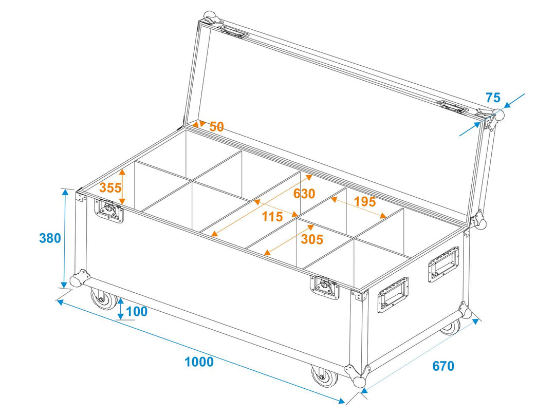 ROADINGER Flightcase pour 8 LED IP PAR 12x8W QCL/12x9 SQL Spot à roulettes
