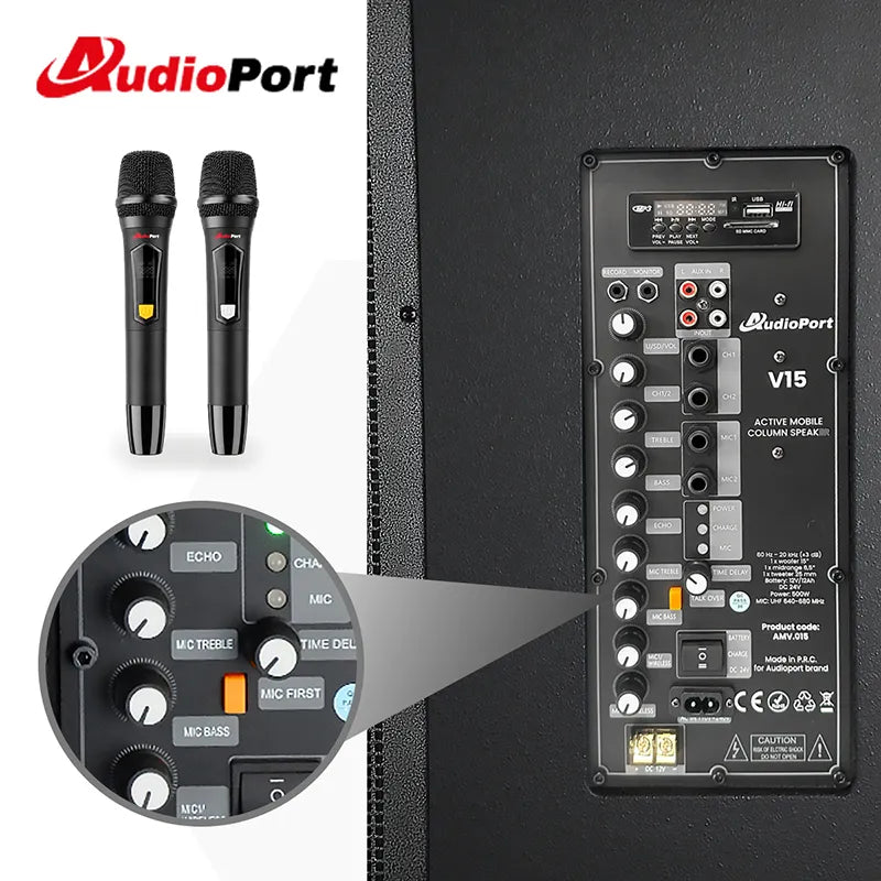 Audioport V15 enceinte active portable de 500 W avec 2 microphones