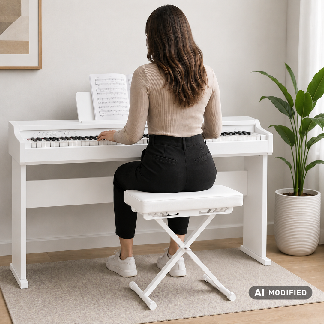 Banquette de piano pliable Hardman SB006, blanche, réglable de 45 à 63 cm