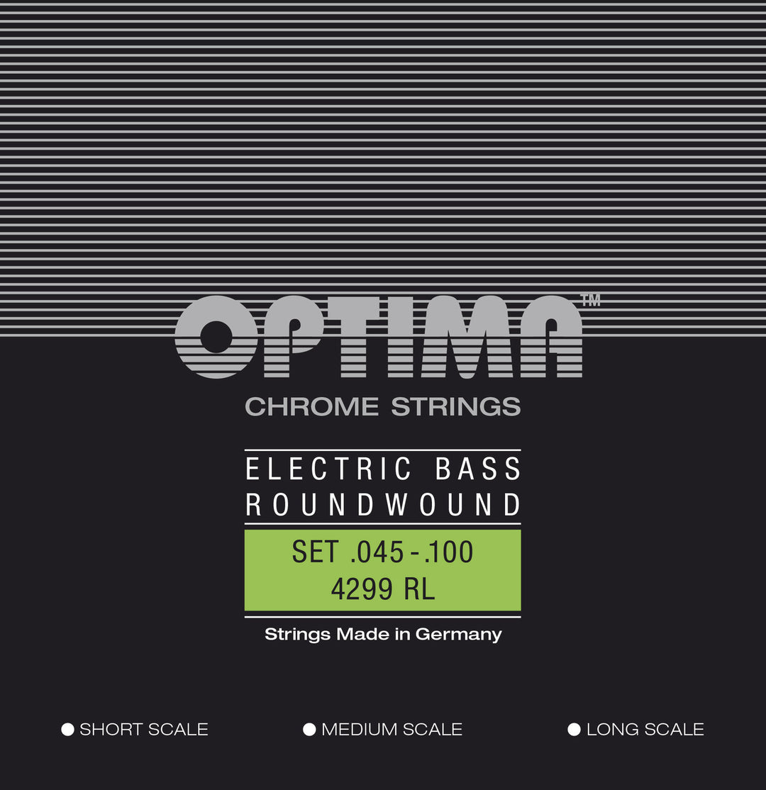 Optima cordes de basse électrique Chrome Strings à filet rond Long Scale - Set 4 cordes reg-light (4299L)