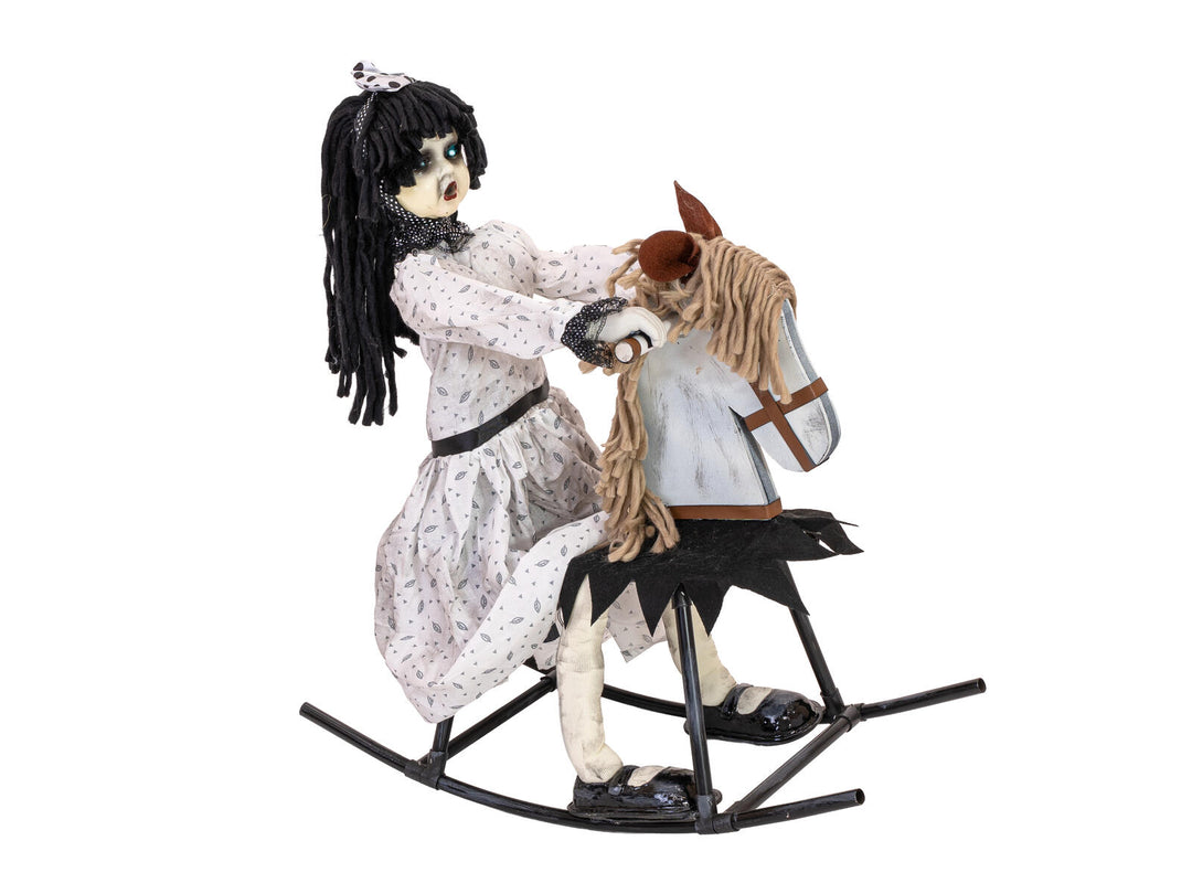 Halloween-figur pige på gyngehest, animeret, 72 cm
