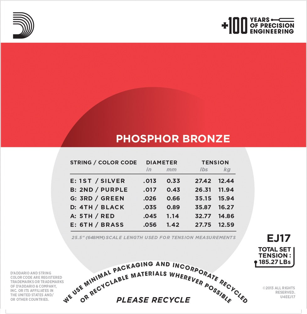 Daddario EJ17 Phosphor Bronze Cordes de Guitare (Medium, 13-56)