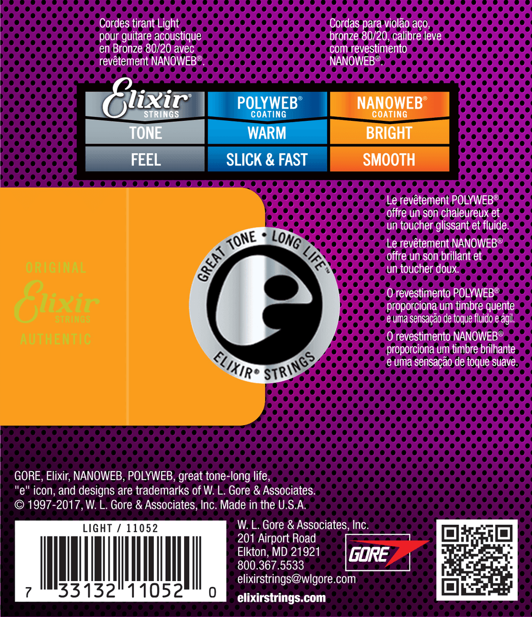 Elixir Nanoweb Bronze 80/20 Cordes de Guitare (Light, 12-53)