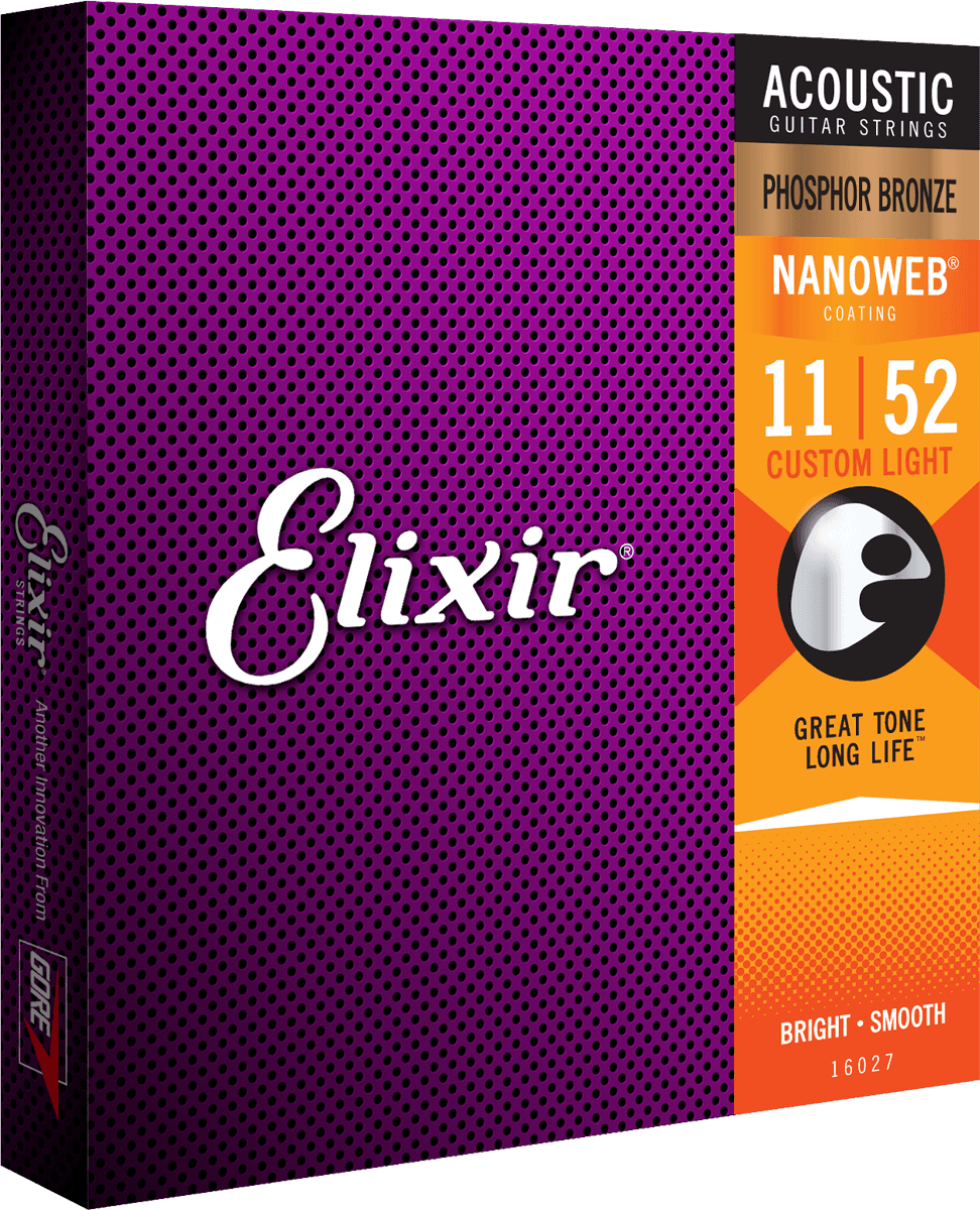 Elixir Nanoweb Phosphor Bronze Guitar Strings (Custom Light 11-52)