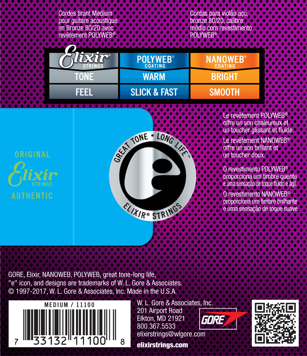 Elixir Polyweb Bronze 80/20 Cordes de Guitare (Medium, 13-56)