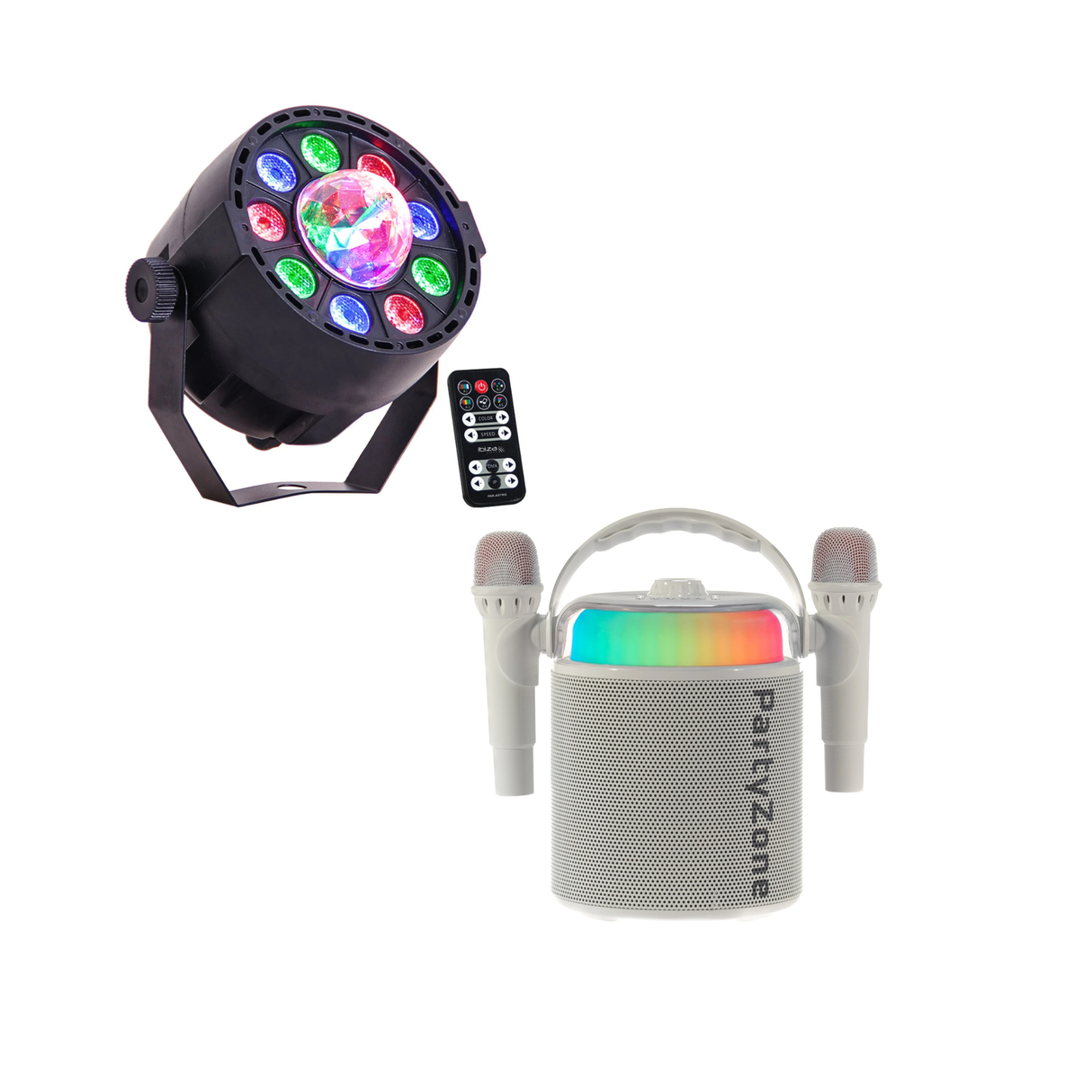 PartyZone Kit karaoke avec 2 microphones (Blanc) & LED PAR-ASTRO éclairage disco 2-en-1