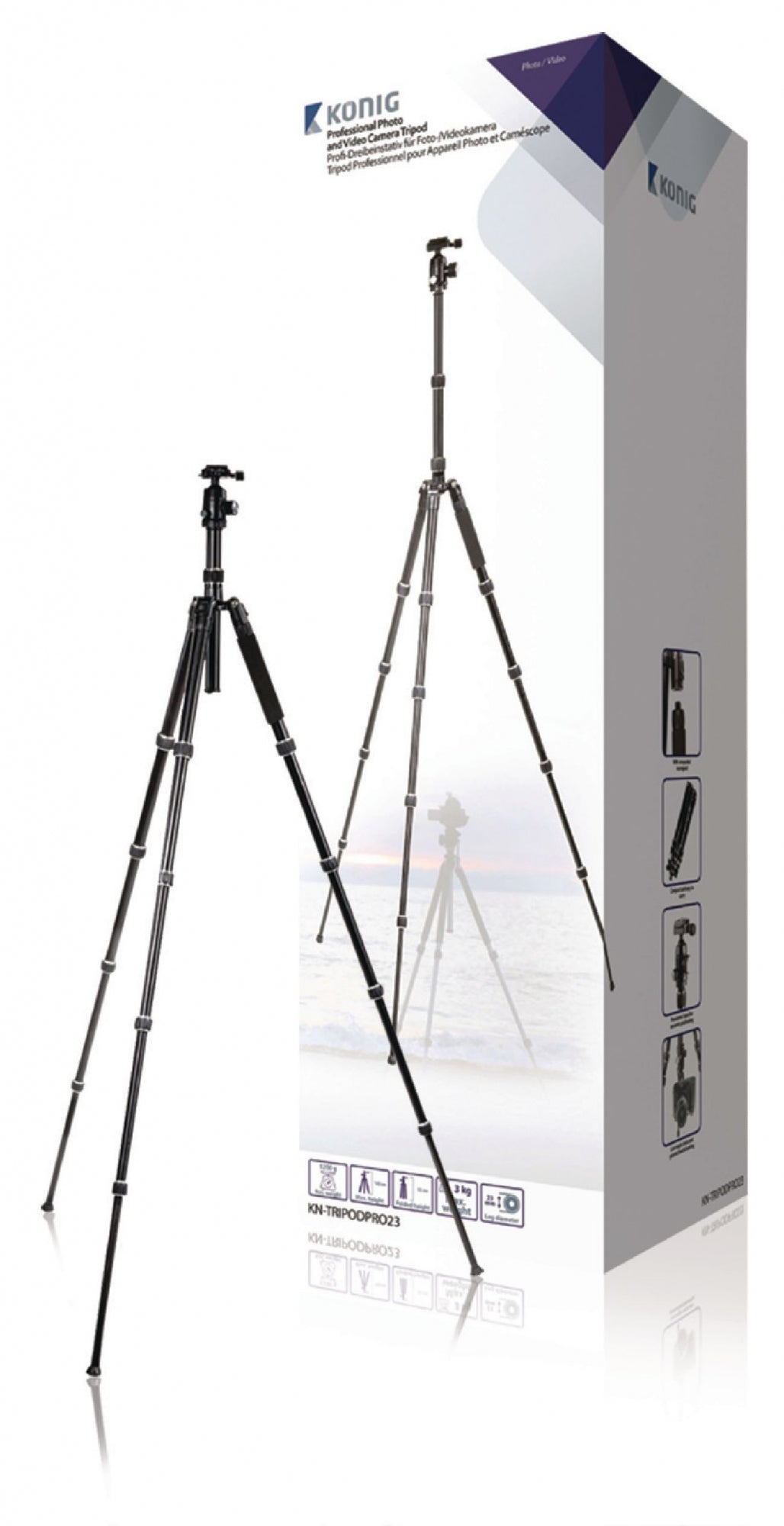 Professional camera/video tripod with ball head, 145 cm