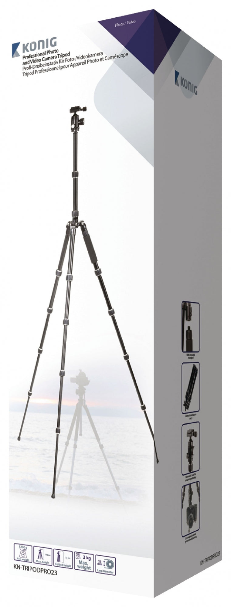 Professional camera/video tripod with ball head, 145 cm