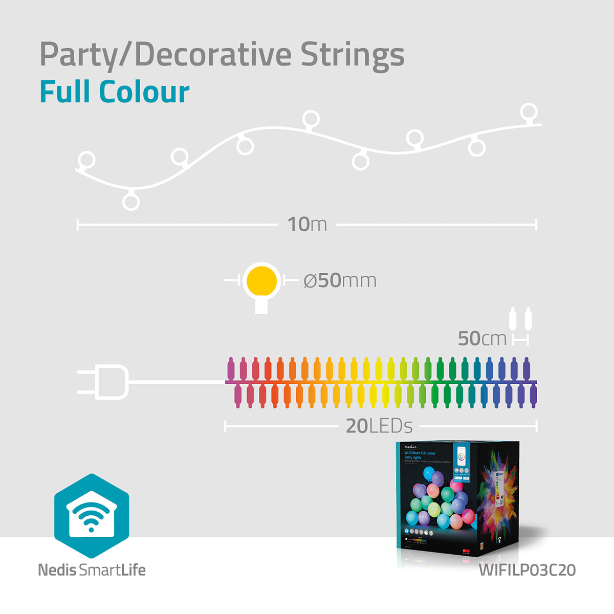 SmartLife Decorative LED | Party Lights | Wi-Fi | RGB | 20 LED's | 10 m | Android / IOS | Pen Diameter: 50 mm