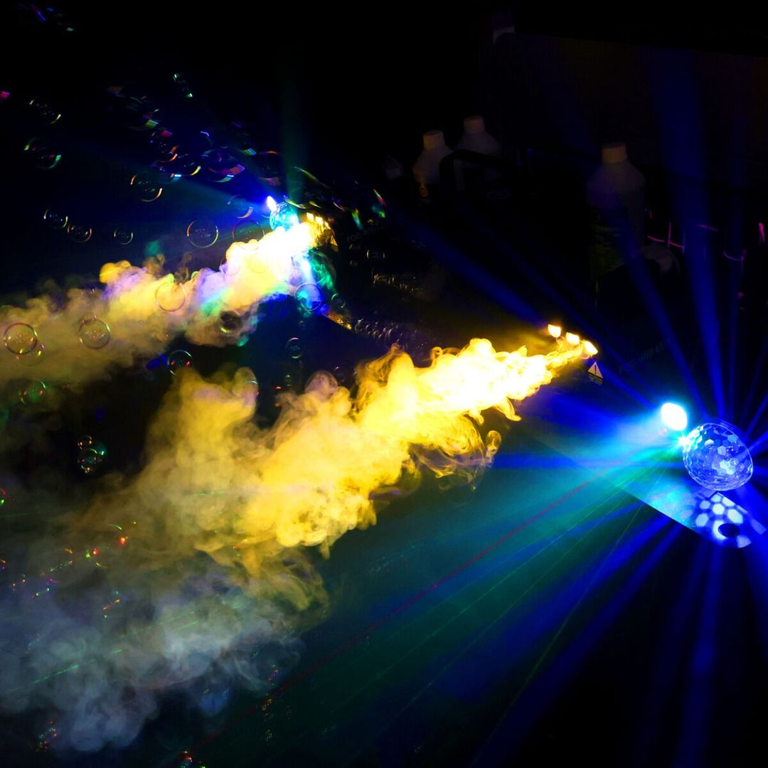 Light4Me GIG SET 2 Pack fête – Machine à brouillard, machine à bulles & effet lumineux 4-en-1