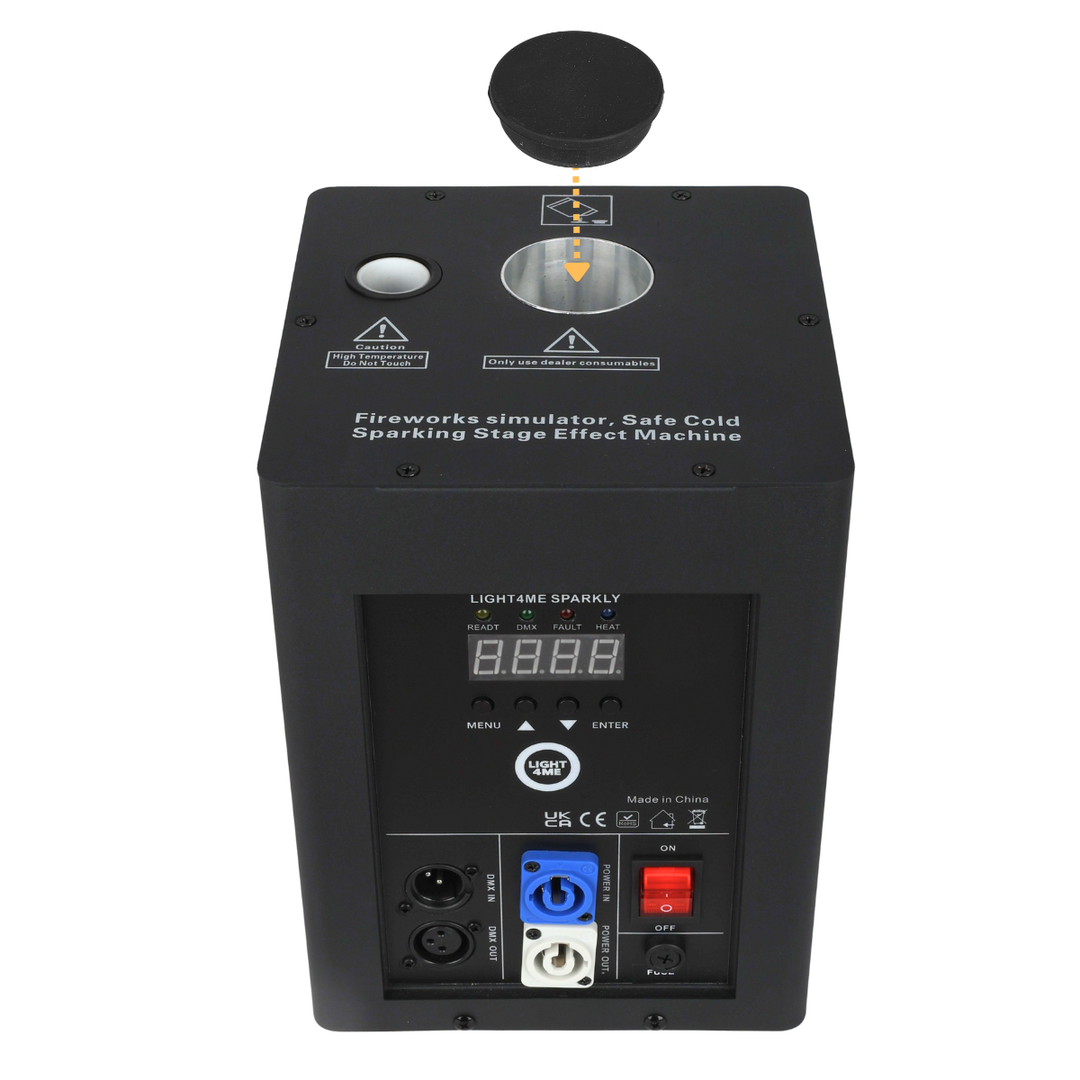 Light4Me SPARKLY Cold Spark Maskine 600W DMX med trådløs fjernbetjening