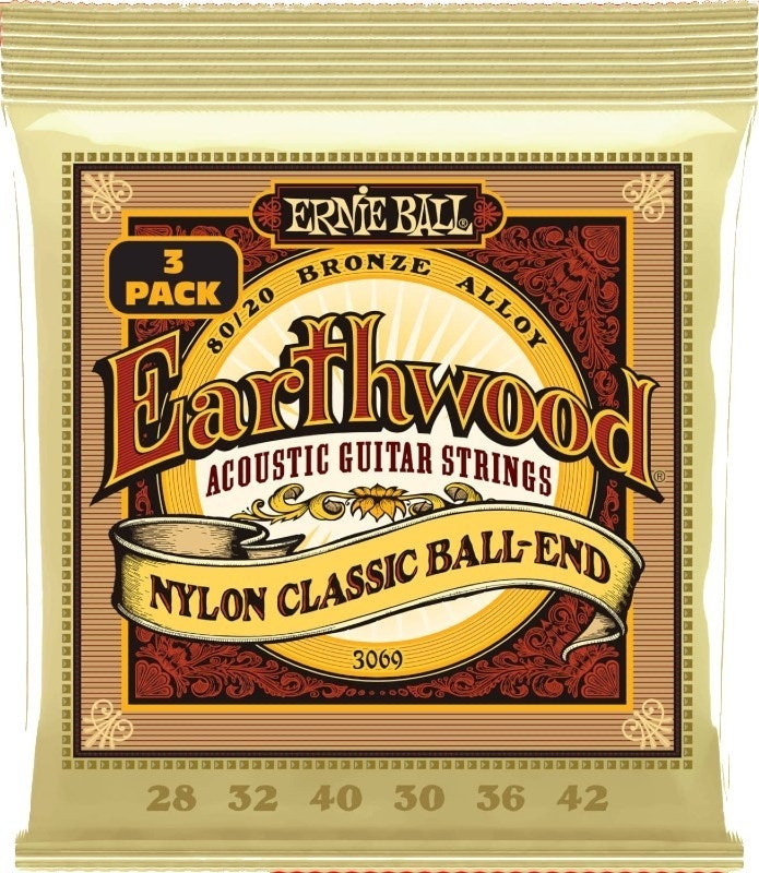Ernie Ball 3069 Folk Nylon transparentes & Or cordes à boule 3-P