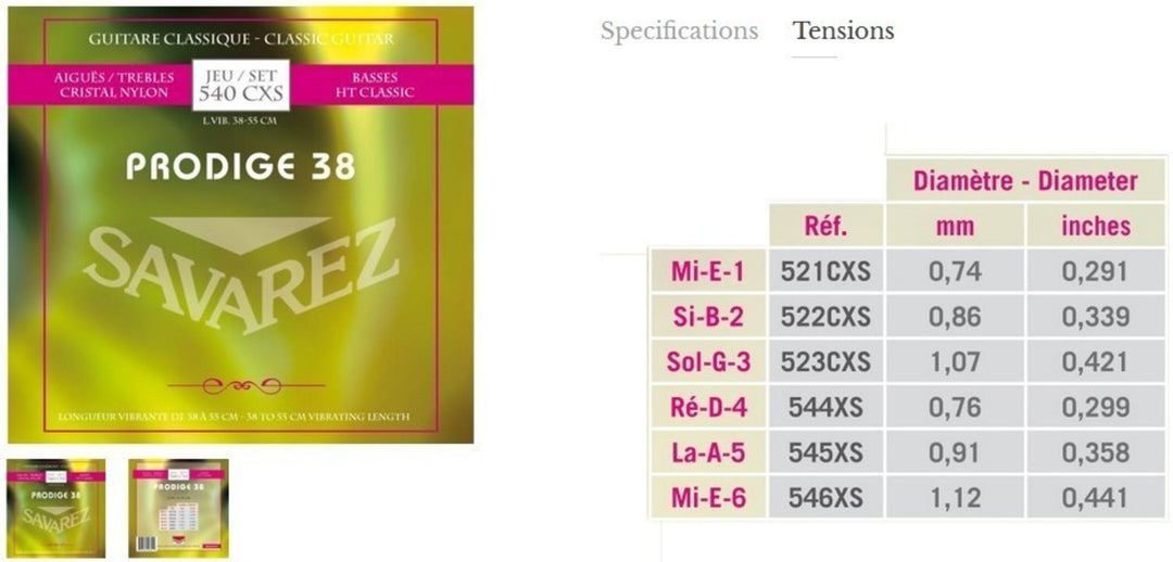 Cordes Savarez pour guitare classique Prodige 38 Children's Guitar - 1/8-1/2 Nylon (540CXS)