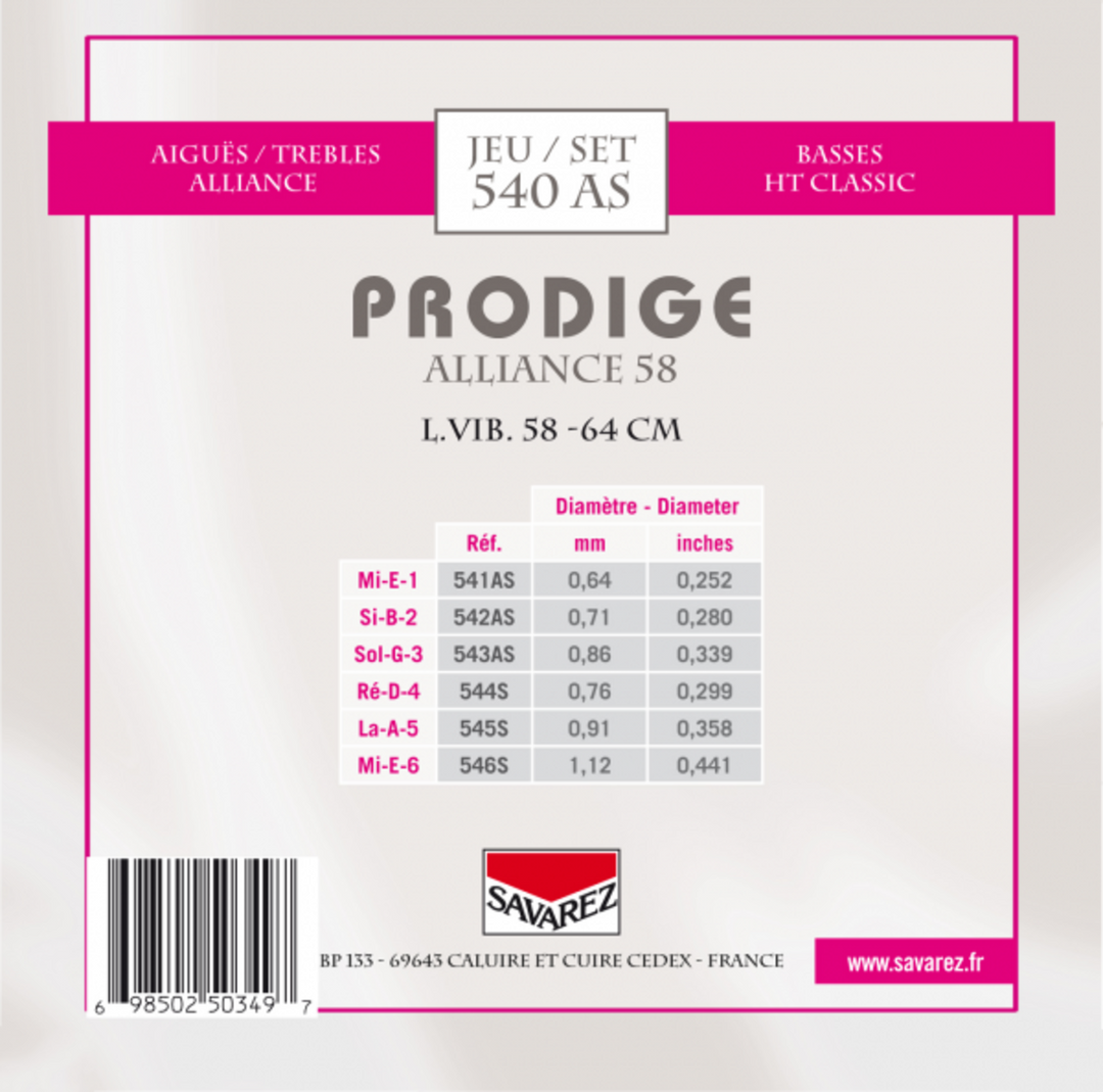 Cordes Savarez pour guitare classique Prodige 38 Children's Guitar - 3/4-7/8 Carbon (540AS)