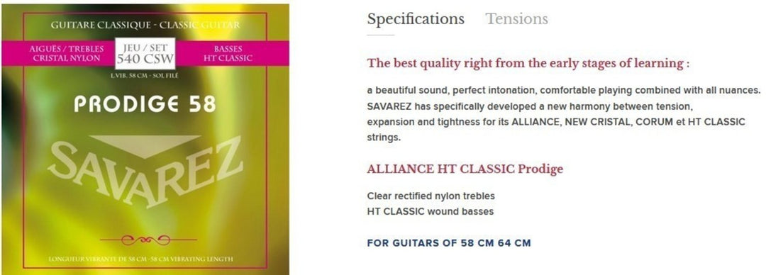 Savarez Strings pour guitares classiques Prodige 38 Children's guitares - 3/4-7/8 Nylon Gw (540CSW)