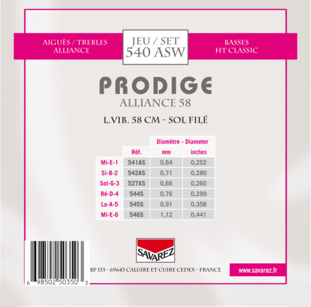 Cordes Savarez pour guitare classique Prodige 38 Children's Guitar - 3/4-7/8 Carbon Gw (540ASW)