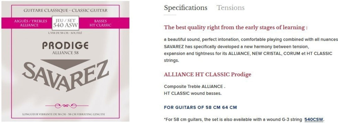 Cordes Savarez pour guitare classique Prodige 38 Children's Guitar - 3/4-7/8 Carbon Gw (540ASW)