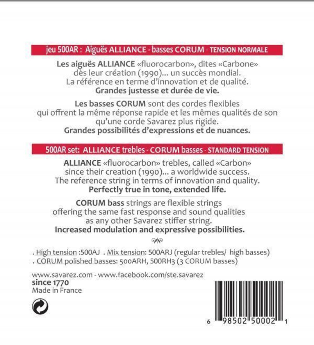 Savarez Cordes pour guitares classiques Alliance Corum - Set Standard (500AR)