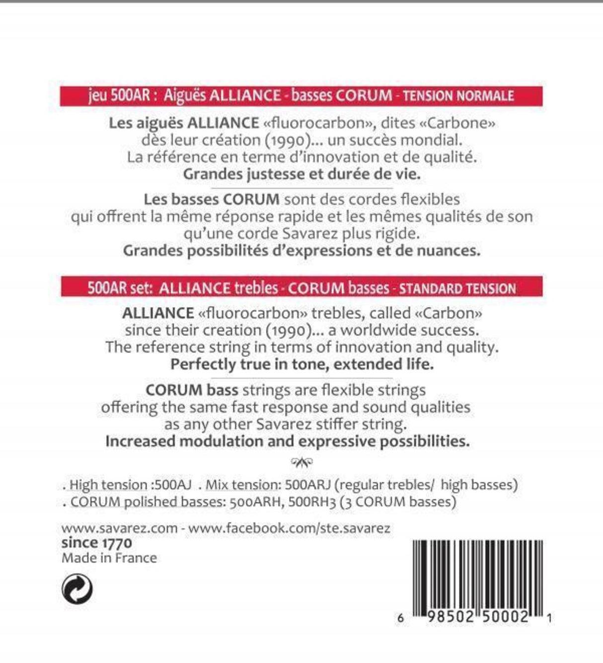 Savarez Strings for classic guitar Alliance Corum - Set Standard (500AR)