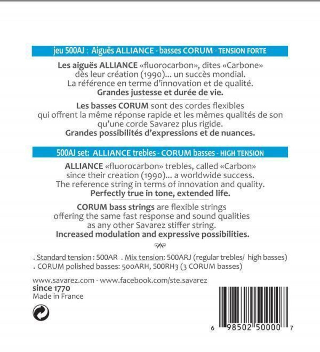 Cordes Savarez pour guitare classique Alliance Corum - jeu fort (500AJ)
