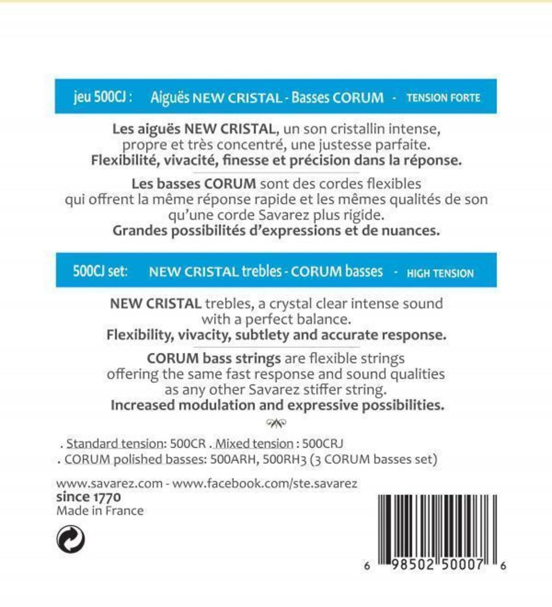 Savarez Strings pour guitare classique Corum New Cristal - Set (500CJ)