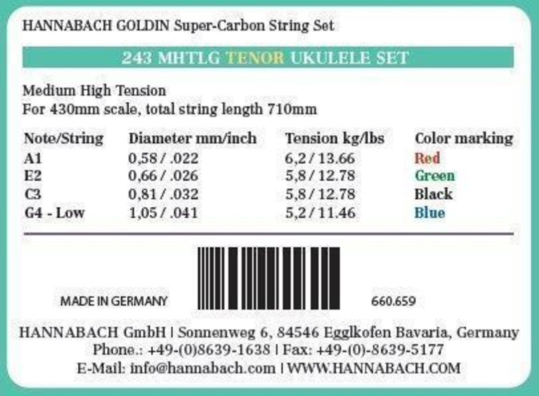 Cordes Hannabach pour ukulélés Tenor Ukulele Goldin 243MHTLG low G - Set Low G (243MHTLG)