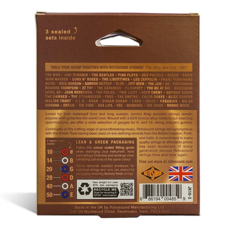 Cordes de guitares Rotosound Jumbo King JK10-3 pour guitare folk 10-50, 3 sets