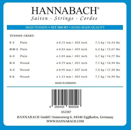 Jeu de cordes aiguës Hannabach 800 E1, H/B2 et G3, high tension