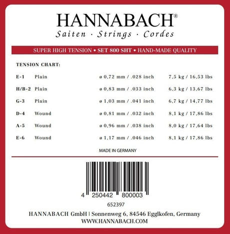 Hannabach 800 jeu de cordes aiguës E1, H/B2 et G3, super high tension