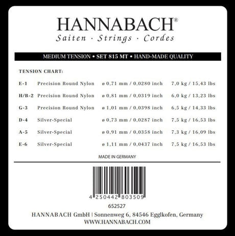 Hannabach 815 jeu de cordes aiguës E1, H/B2 et G3, tension medium