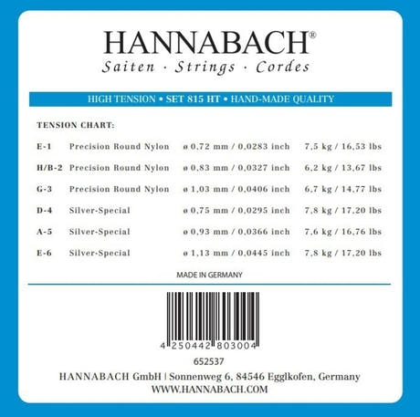 Hannabach 815 jeu de cordes aiguës E1, H/B2 et G3, high tension
