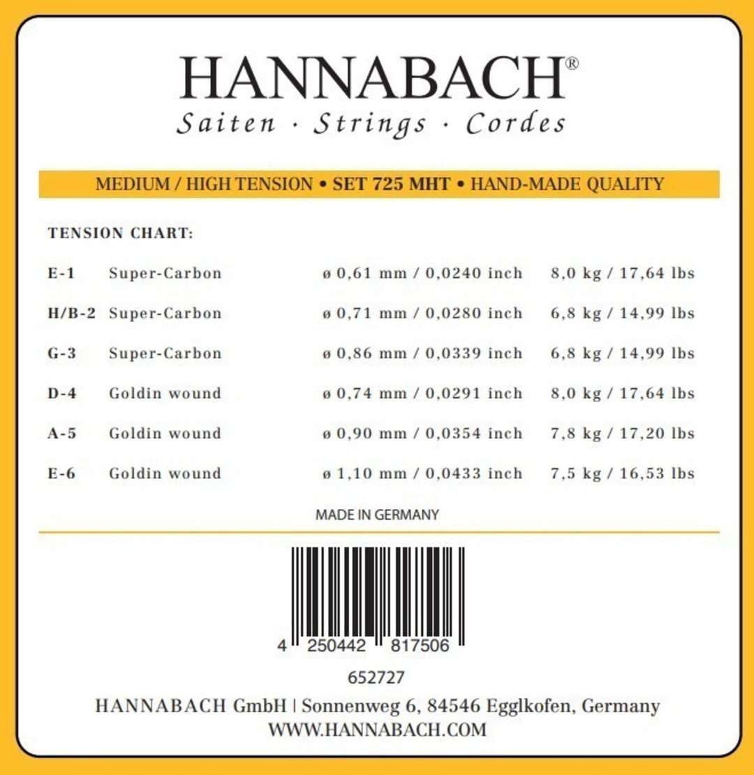 Hannabach Cordes pour Guitares classiques Series 725 medium/High Tension Goldin - jeu de 3 cordes aiguës (7258MHTC)