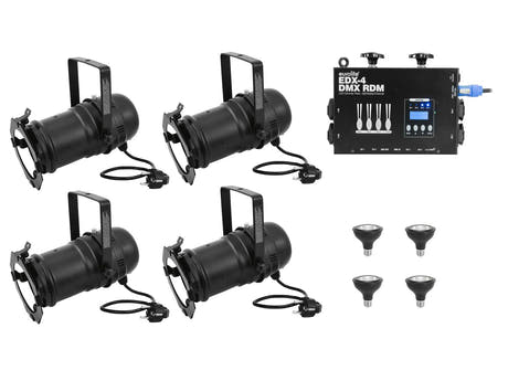 Ensemble EUROLITE 4x PAR-30 Spot bk dim2warm + PAR-20 230V COB 6W E-27 LED 1800-3000K dim2warm avec variateur LED Pack EDX-4 DMX RDM