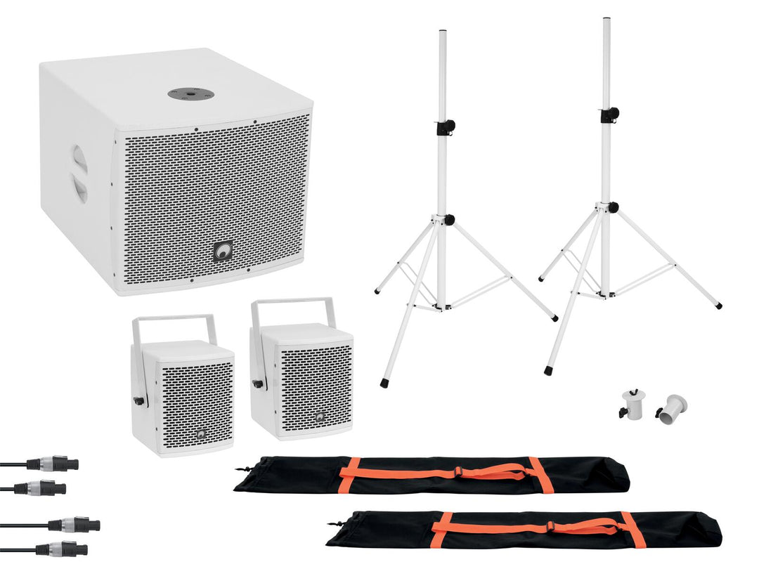 OMNITRONIC Set MOLLY 2.1 Active System Sub + 2x Top + Accessories, blanc