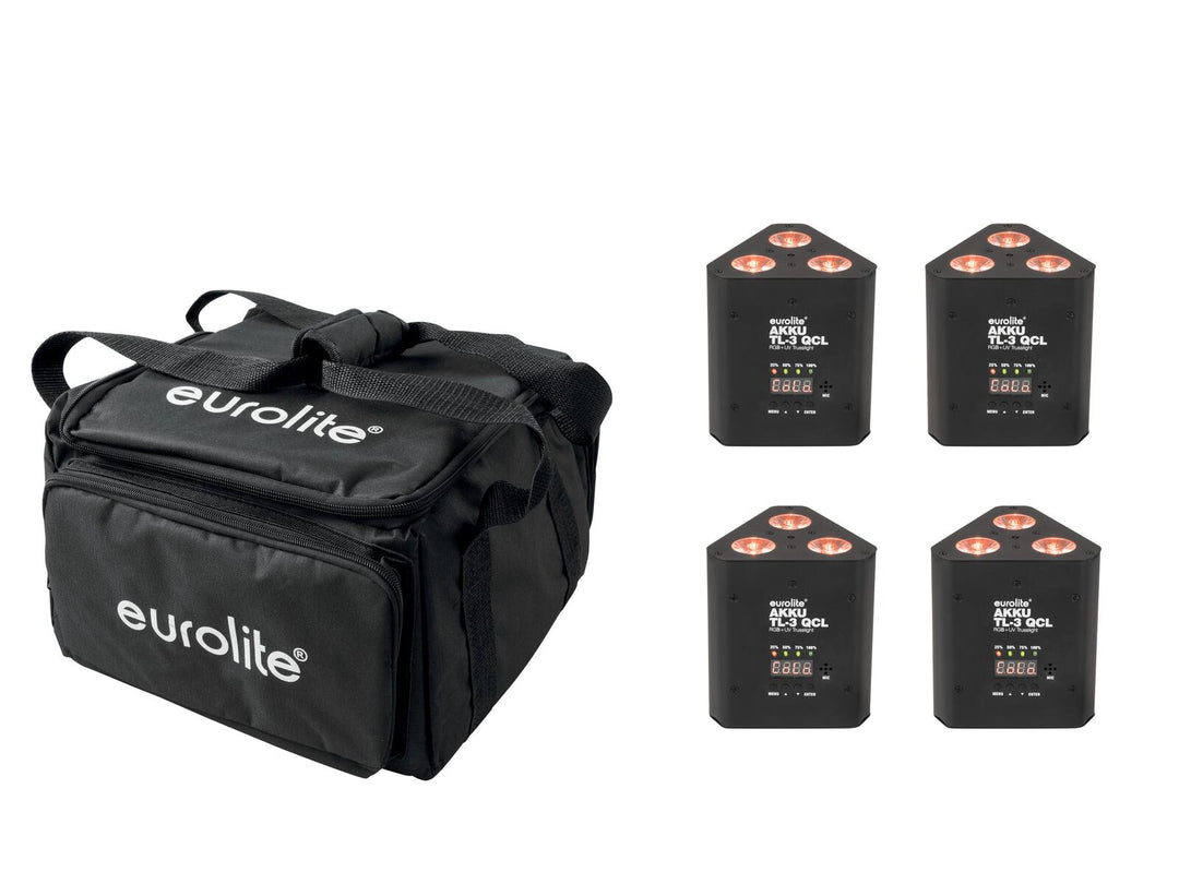 EUROLITE Ensemble 4x AKKU TL-3 QCL RGB+UV Trusslight + SB-4 Sac souple