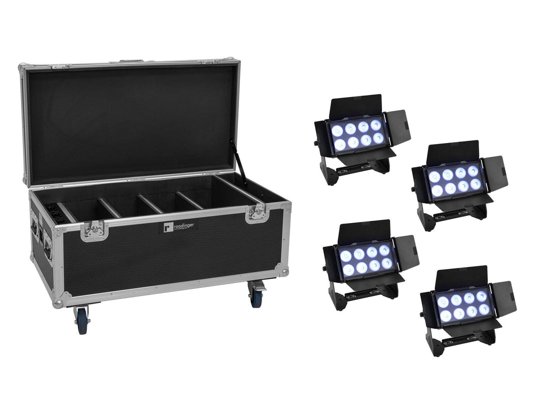 EUROLITE Set 4x AKKU Multiflood IP 8x10W RGBW Wash CRMX + Case avec fonction de recharge